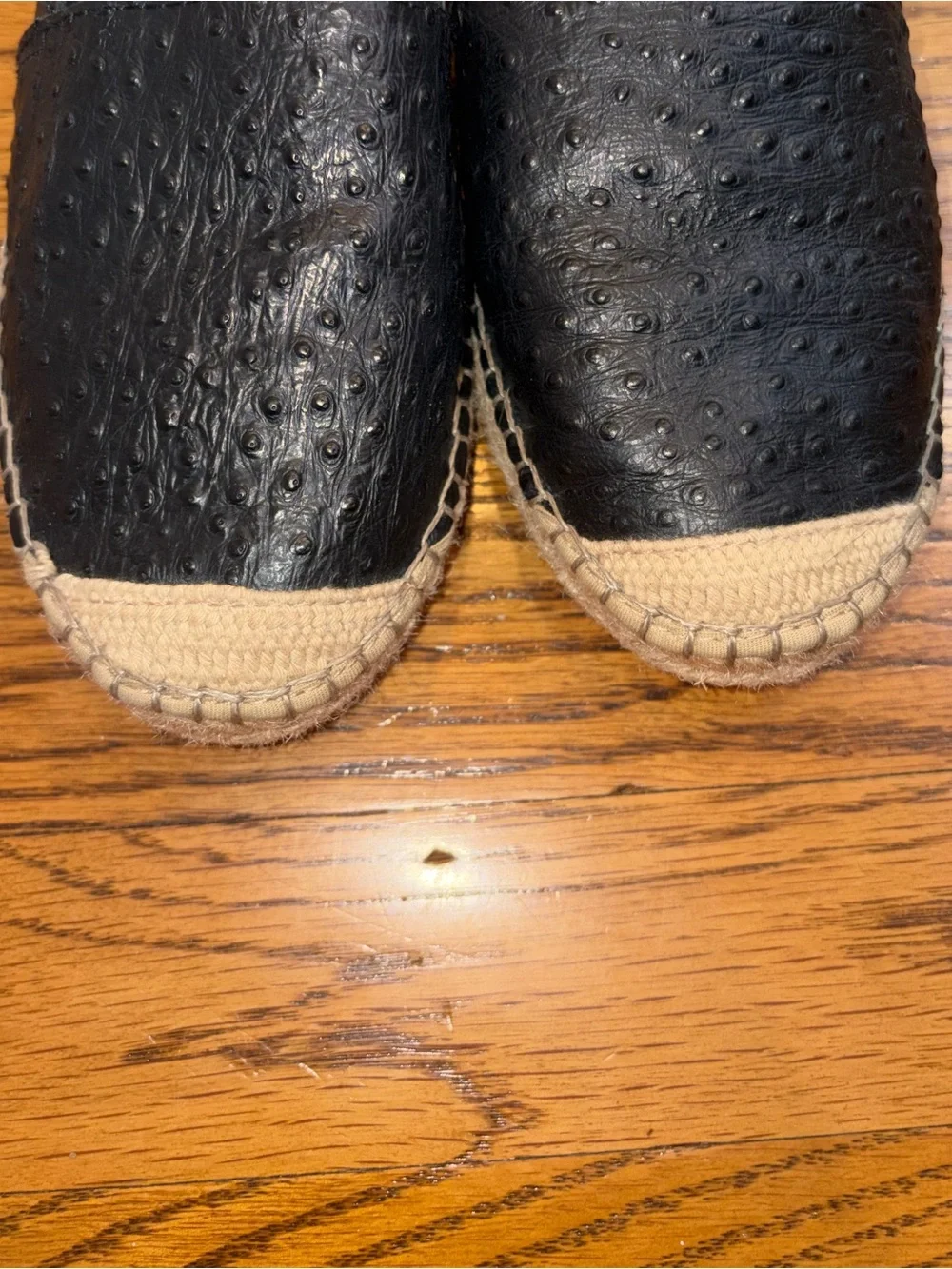 Fabiolas Black Leather Ostrich Pattern Espadrilles